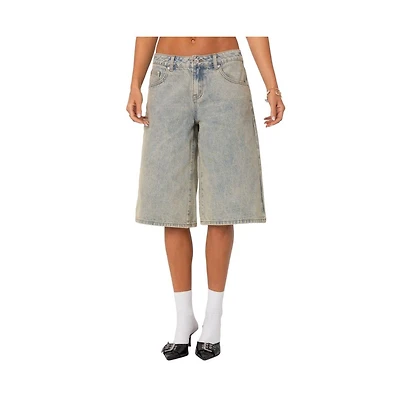 Edikted Women's Xtra Long Acid Wash Denim Bermuda Shorts