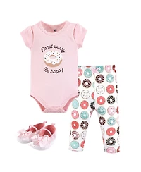 Hudson Baby Baby Girls Hudson Cotton Bodysuit, Pant and Shoe 3pc Set, Donut Worry