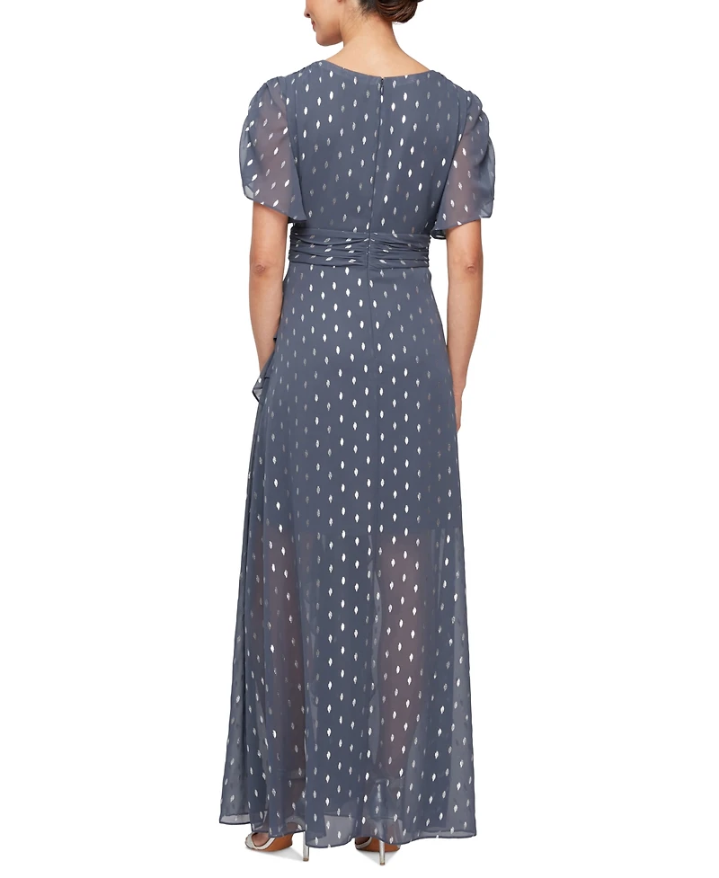 Sl Fashions Women's Foil-Print V-Neck Ruffle-Trim A-Line Dress