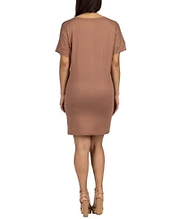 24seven Comfort Apparel Solid Color Loose Fit V Neck T Shirt Style Women's Knee Length Dress