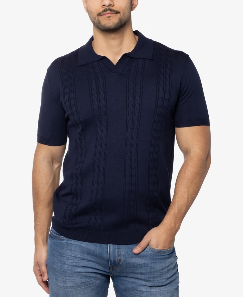Spring + Mercer Men's Cable Knit Johnny Collar Short Sleeve Sweater Polo