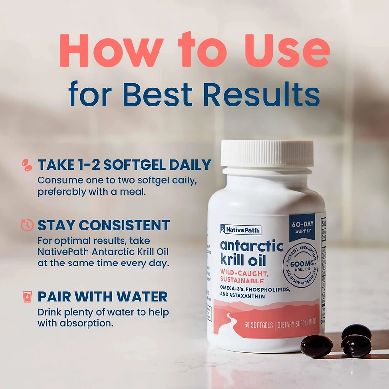 NativePath Antarctic Krill Oil - Wild-Caught Omega 3 Krill Oil 500mg Softgels with Epa, Dha and Astaxanthin - 60 ct