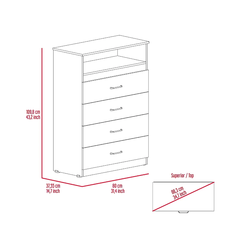 Fm Furniture Atenas melamine chest of drawers, four drawers with metal rail
