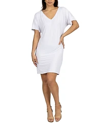 24seven Comfort Apparel Solid Color Loose Fit V Neck T Shirt Style Women's Knee Length Dress
