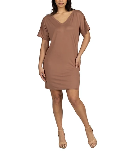24seven Comfort Apparel Solid Color Loose Fit V Neck T Shirt Style Women's Knee Length Dress