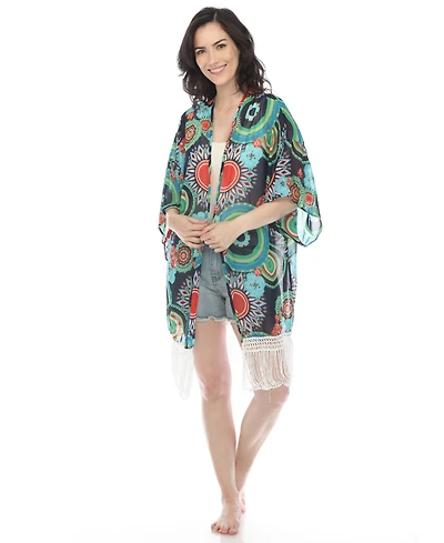 White Mark Women's Sheer Fringe Kimono