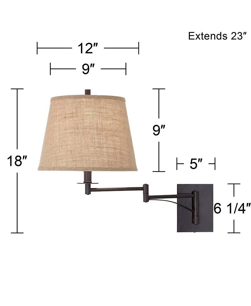 Franklin Iron Works Brinly Farmhouse Rustic Swing Arm Wall Lamp Matte Brown Metal Plug-in Light Fixture Burlap Shade for Bedroom Bedside Living Room