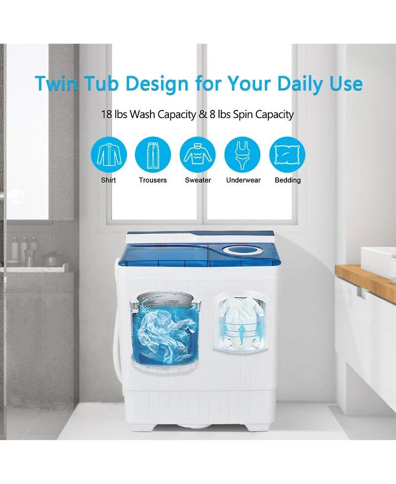Gymax Portable Semi-automatic Washing Machine 26 lbs Twin Tub Laundry Washer Blue