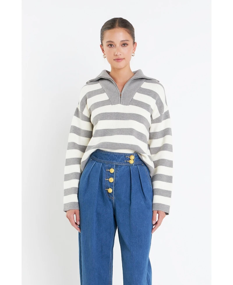 English Factory Women's Striped Half-Zip Sweater