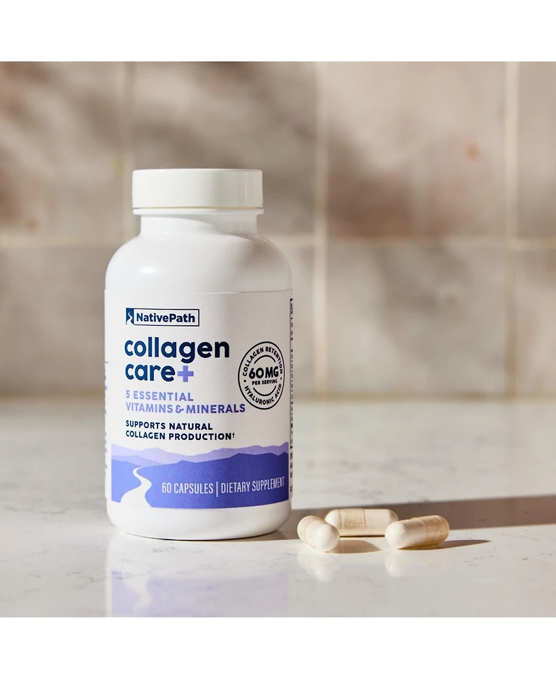 NativePath Collagen Care+, 5 Vitamin Blend with Hyaluronic Acid and Boron that Supports Collagen for Men and Women, 60 Capsules