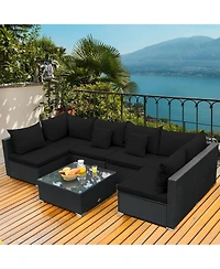 Sugift 7 Pieces Sectional Wicker Furniture Sofa Set with Tempered Glass Top