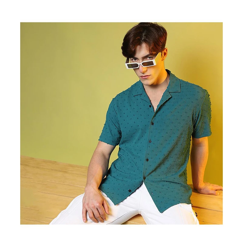Men's Teal Green Self-Design Pom-Pom Shirt