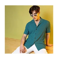 Men's Teal Green Self-Design Pom-Pom Shirt