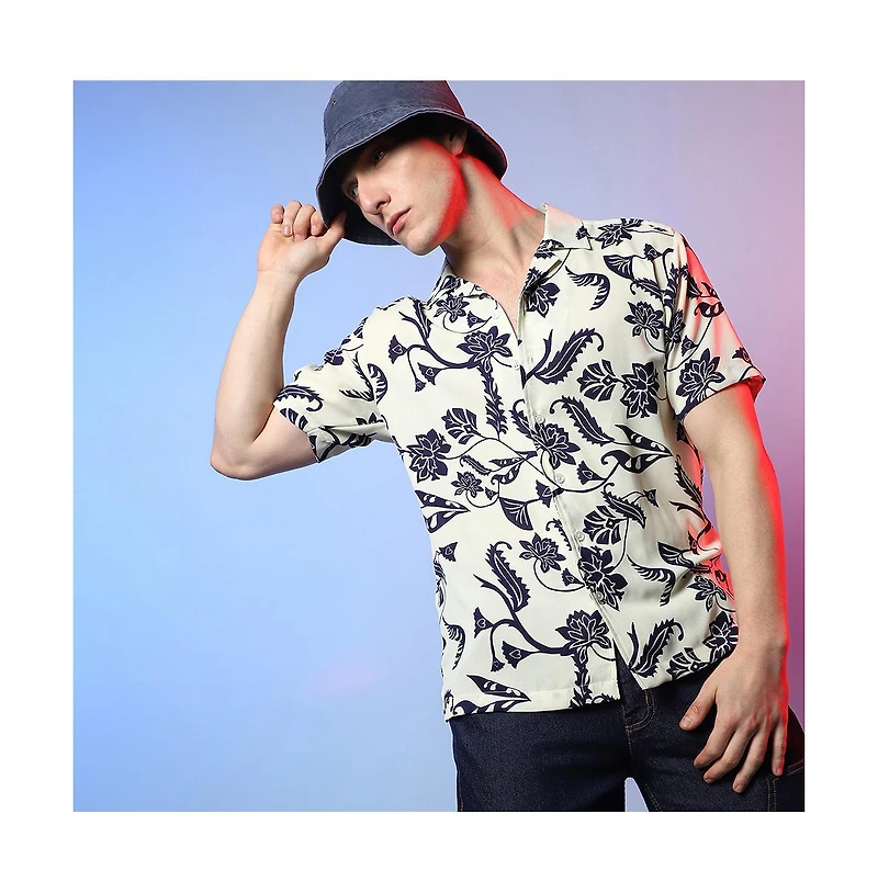 Men's Midnight Black & Ivory White Contrast Flower Shirt