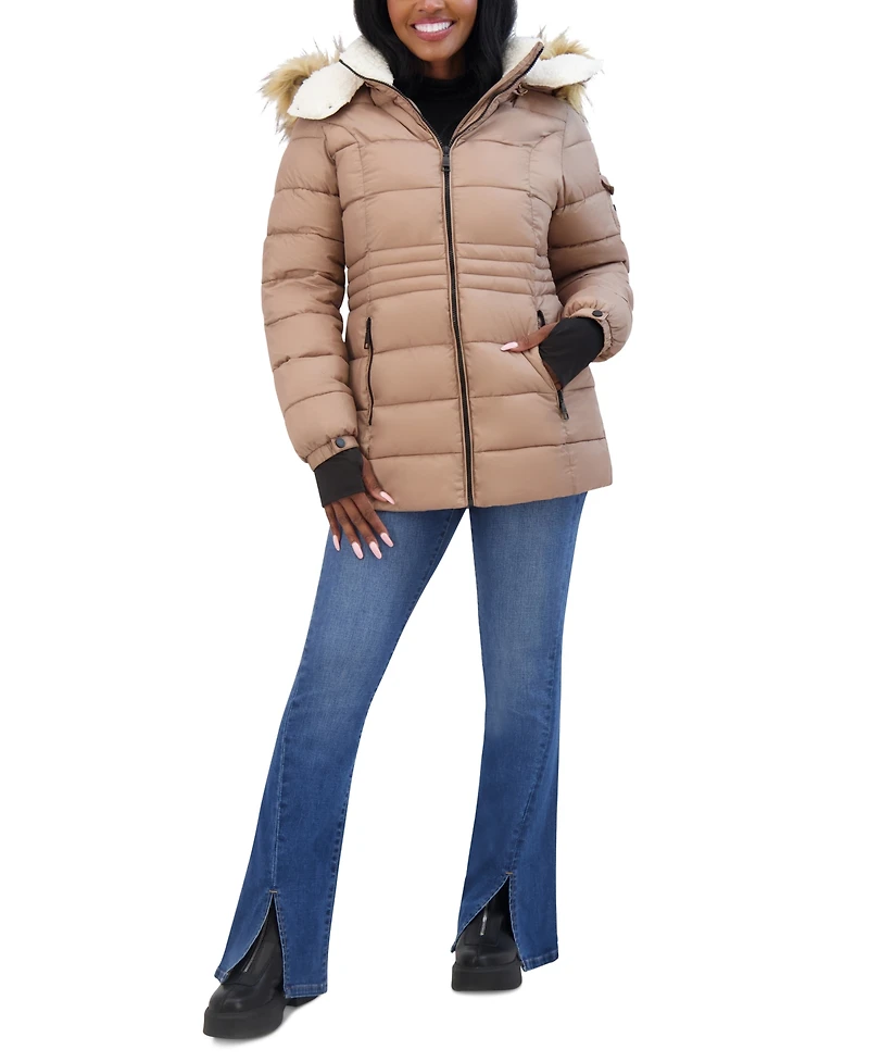 Steve Madden Juniors' Faux-Fur-Trim Hooded Puffer Coat, Created for Macy's