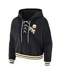 Wear by Erin Andrews Women's Black Pittsburgh Steelers Plus Lace-Up Pullover Hoodie Sweatshirt