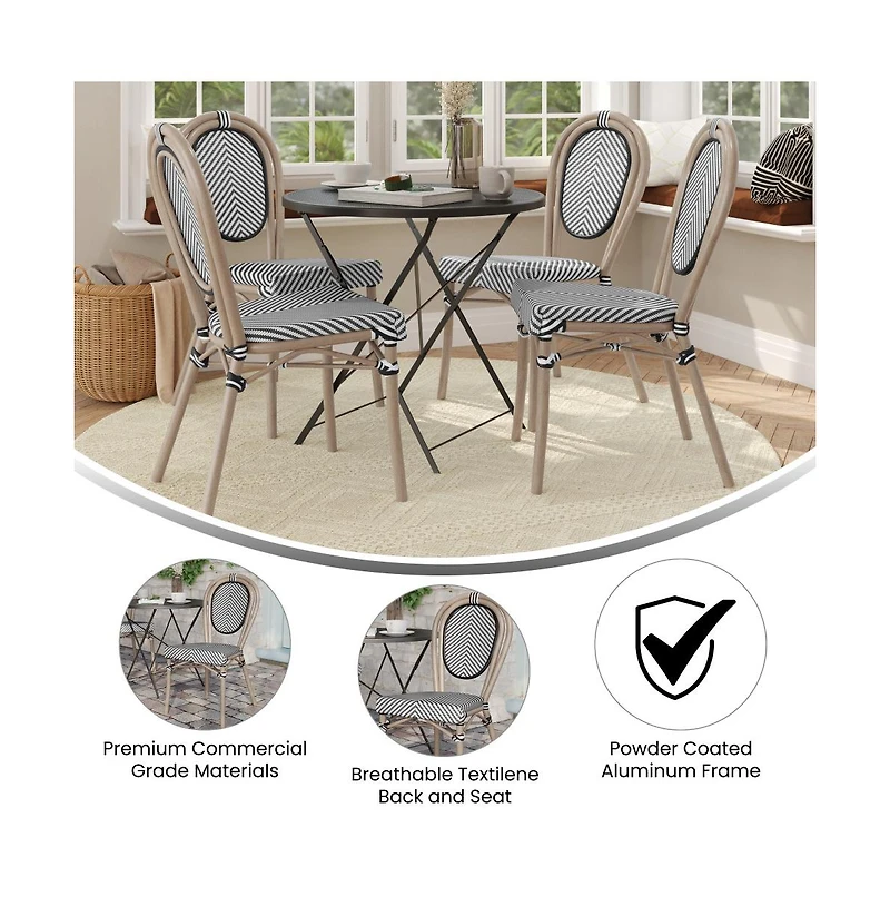 Merrick Lane Mael Set Of Four Stacking Thonet Bistro Style Chair With Textilene Seat And Bamboo Finished Metal Frame For Indoor/Outdoor Use