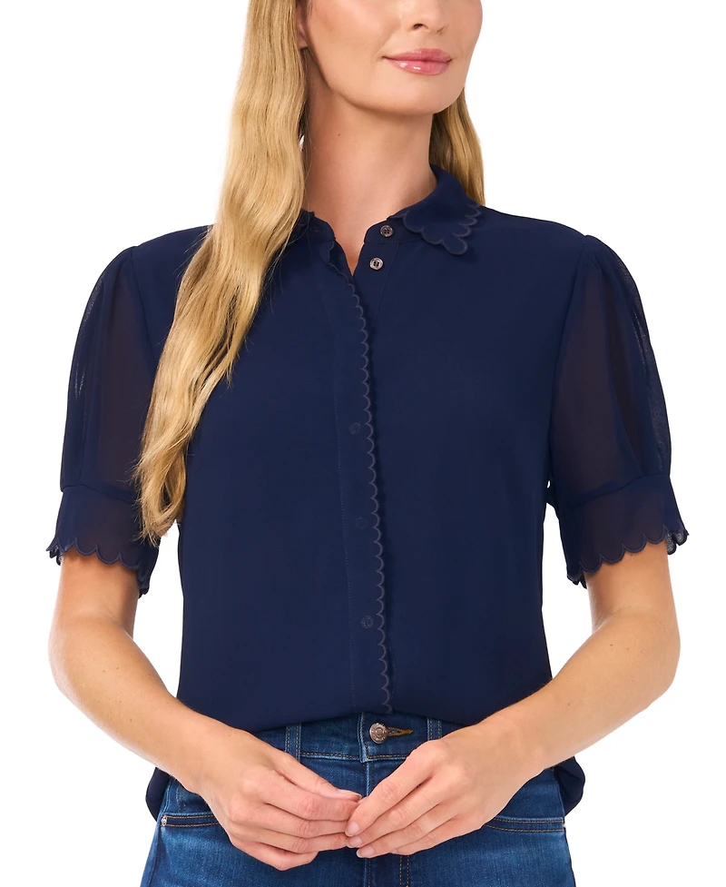 CeCe Women's Scalloped Puff-Sleeve Button-Front Top