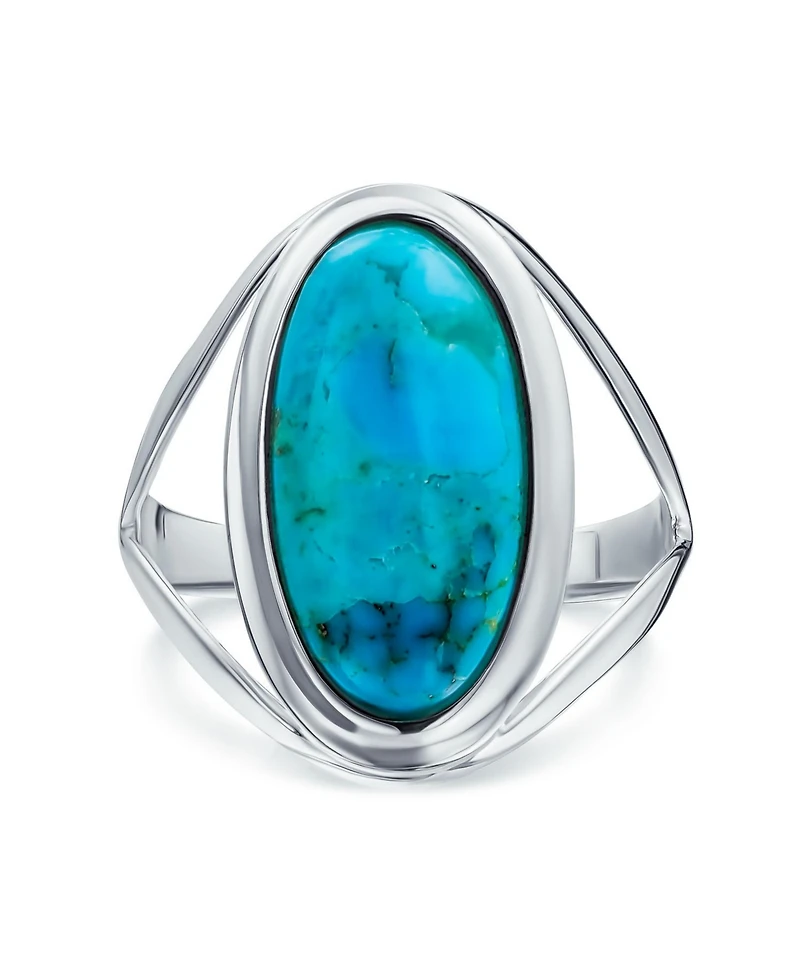 Bling Jewelry Simple Large Dome Oval Cabochon Bezel Set Blue Natural Turquoise Western Statement Ring For Women Split Band .925 Sterling Silver