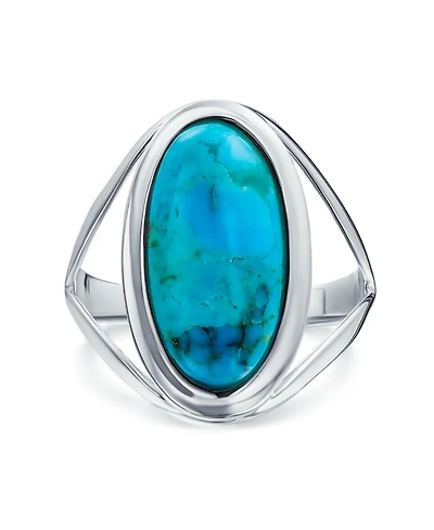 Bling Jewelry Simple Large Dome Oval Cabochon Bezel Set Blue Natural Turquoise Western Statement Ring For Women Split Band .925 Sterling Silver