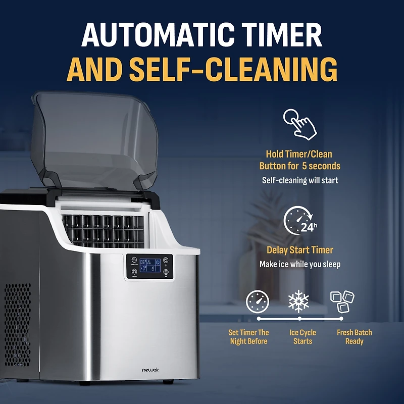 Newair Countertop Portable Clear Ice Cube Maker Machine, 45lbs/24H, in Stainless Steel