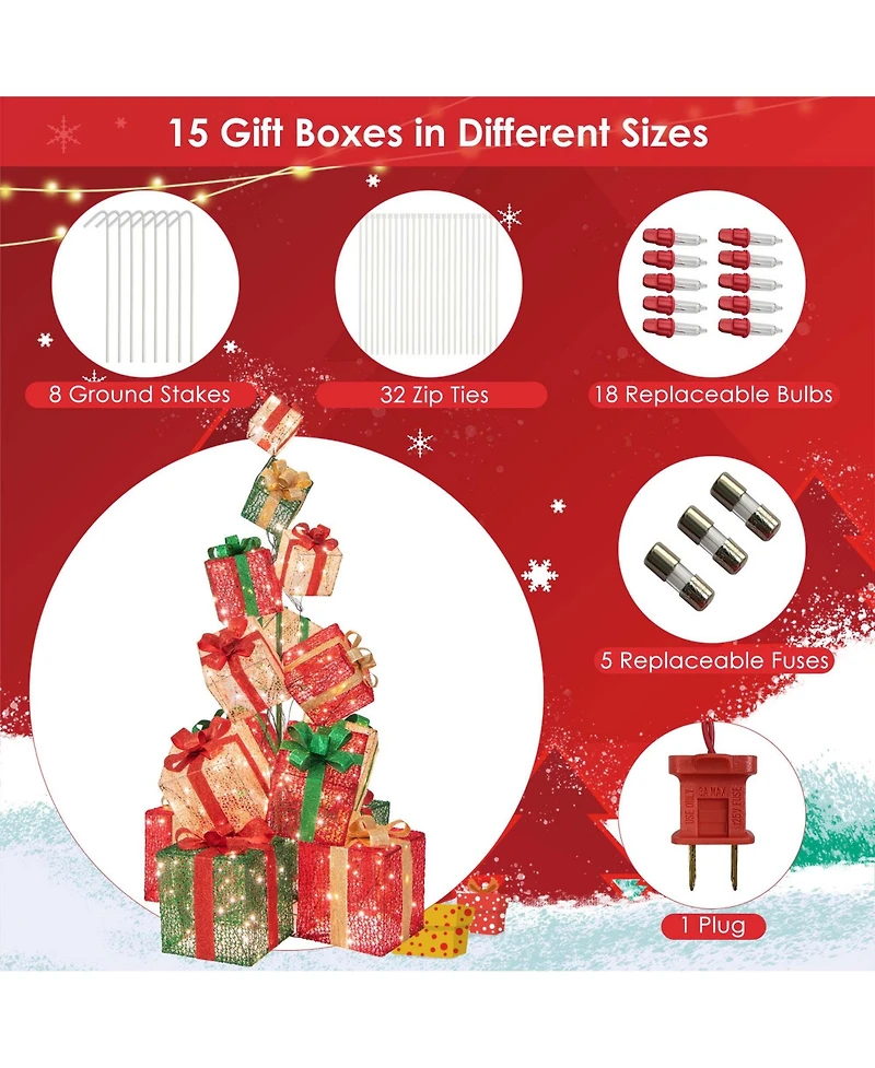 15 Stacked Pre-Lit Gift Box Tower 67'' Lighted Present Decoration with 450 Lights