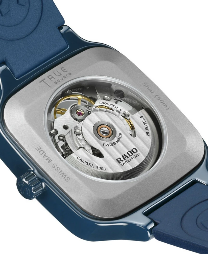 Rado Unisex Swiss Automatic True Square Open Heart Navy Blue Rubber Strap Watch 38mm