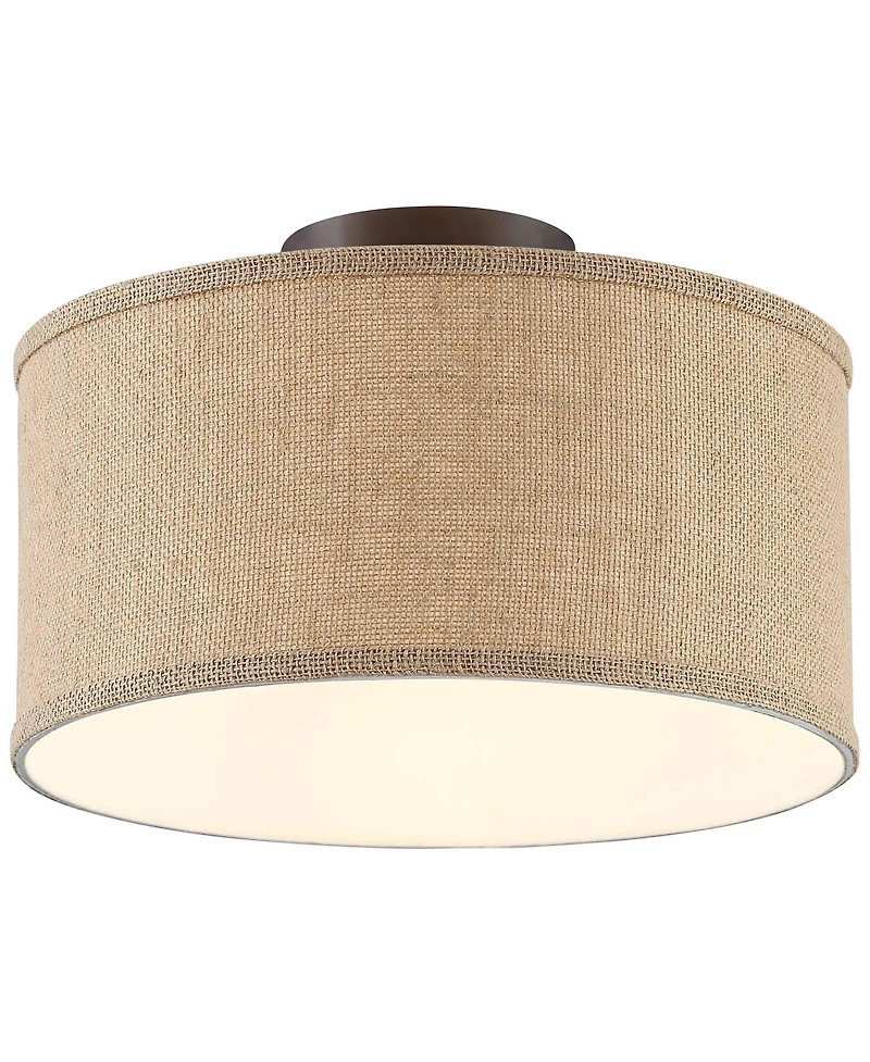 360 Lighting Adams Modern Ceiling Light Semi Flush Mount Fixtures 14" Wide Set of 2 Bronze Burlap Fabric Drum Shade for Bedroom Kitchen Living Ro