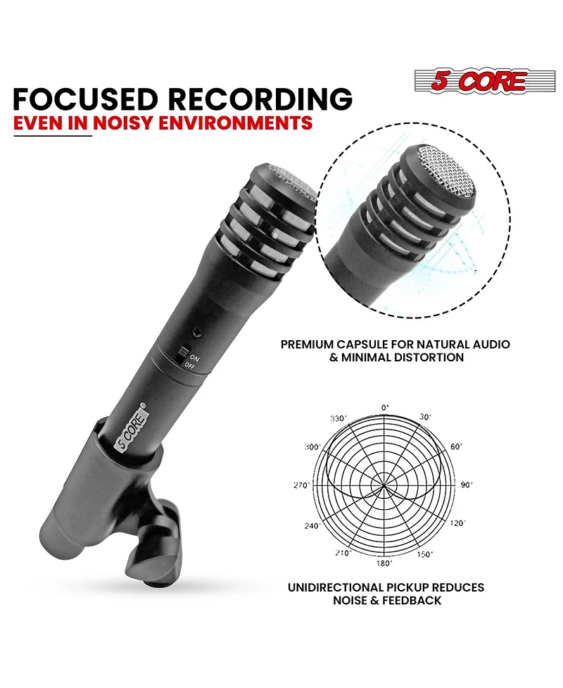5 Core Professional Instrument Microphone Pencil Mic Condenser Cardioid Unidirectional Stick Microfono + Windscreen Mic Clip & Case
