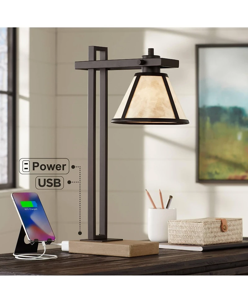 Maricopa Rustic Farmhouse Desk Table Lamp with Usb and Ac Power Outlet in Base 21.25" High Bronze Wood Mica Shade for Living Room Bedroom House Bedsid