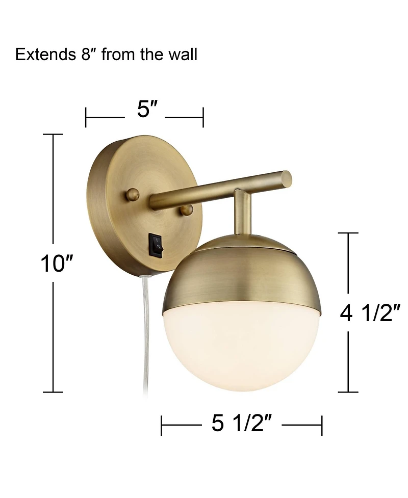 360 Lighting Luna Mid Century Modern Wall Lamp Brass Plug-in 5 1/2" Light Fixture Frosted Glass Globe for Bedroom Reading Living Room Hallway Hou