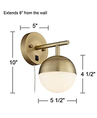 360 Lighting Luna Mid Century Modern Wall Lamp Brass Plug-in 5 1/2" Light Fixture Frosted Glass Globe for Bedroom Reading Living Room Hallway Hou