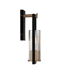 Stiffel Industrial Modern Wall Light Sconces Set of 2 Black Warm Brass Hardwired 4 1/2" Fixture Clear Ribbed Glass Shade for Bedroom Bathroom Van