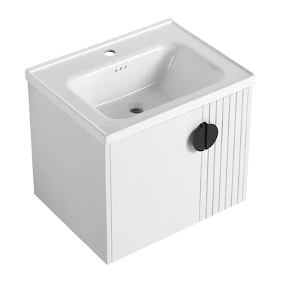 Wall-Mounted Vanity | Dual-Door with 3D Wave | Ceramic Sink | Soft-Close | Metallic