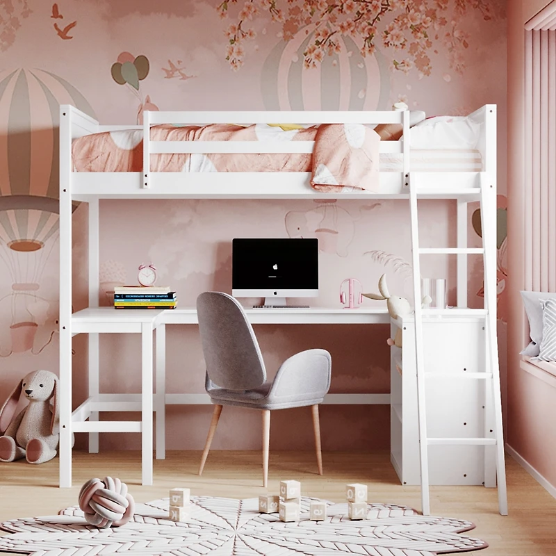 Streamdale Twin Loft Bed With Shelves And Desk, Wooden Desk
