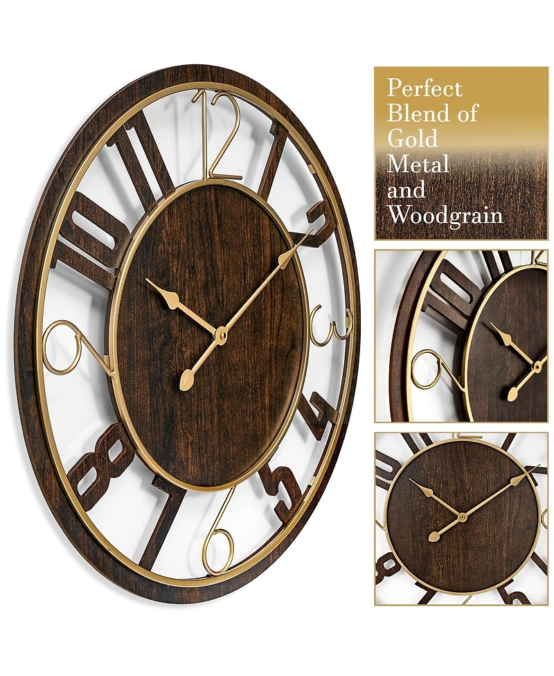 Sorbus 24" Modern Wooden Wall Clock - Sleek Design, Analog Display - Complements Various Styles (Brown)