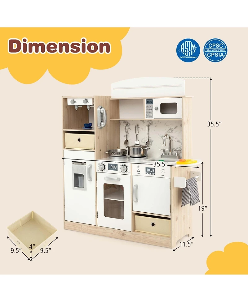 Kids Pretend Play Kitchen Wooden Toy Playset with Led Lighting & Coffee Maker