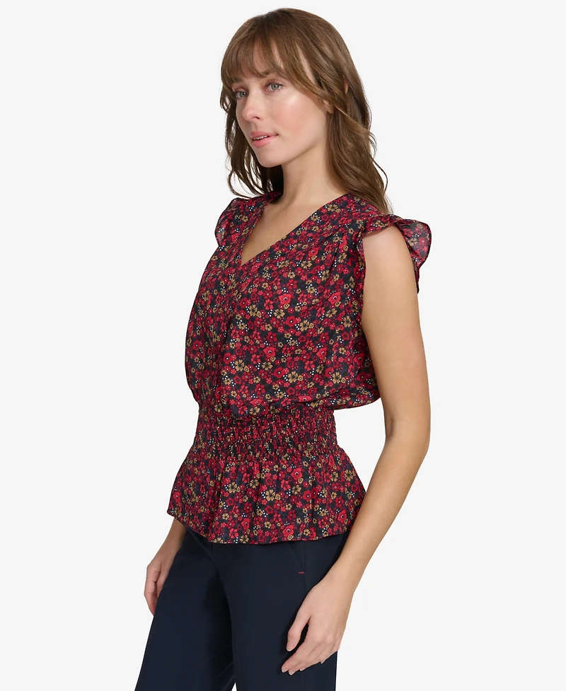 Tommy Hilfiger Women's Printed Smocked Cap-Sleeve Top