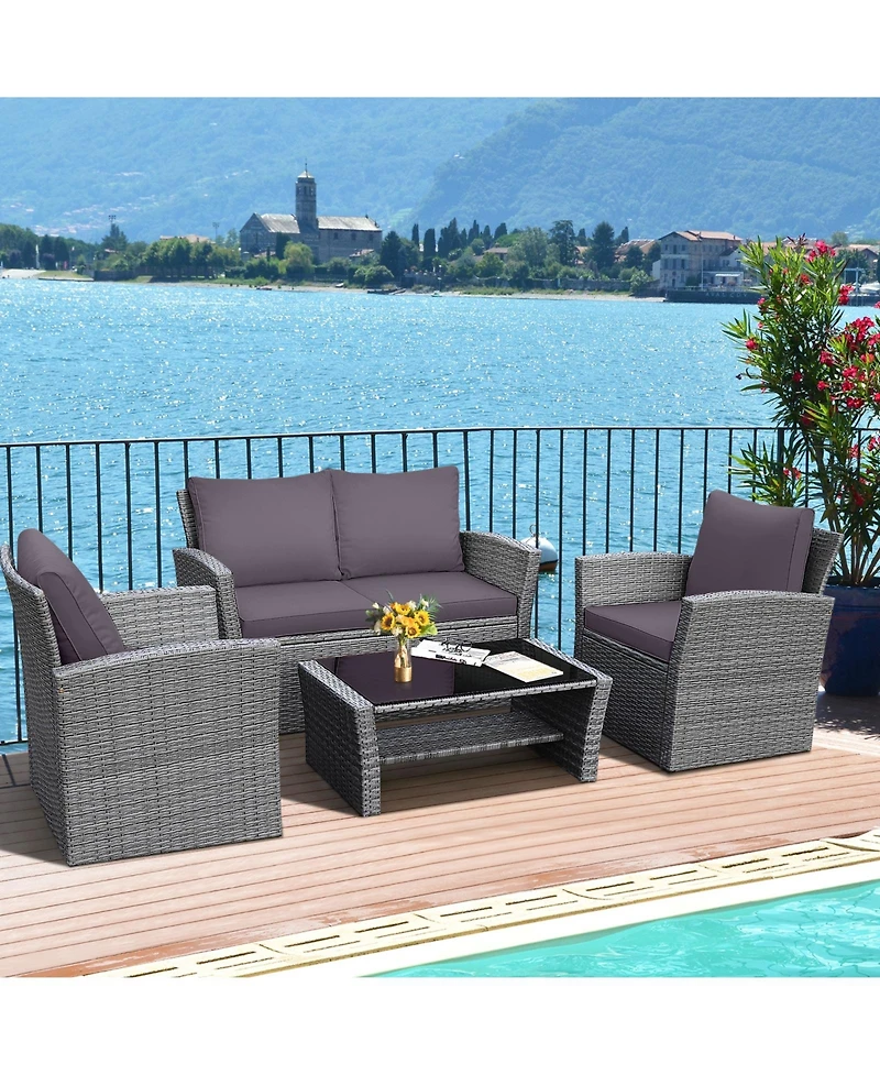 Slickblue 4 Pieces Patio Rattan Furniture Set Sofa Table with Storage Shelf Cushion