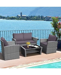 Slickblue 4 Pieces Patio Rattan Furniture Set Sofa Table with Storage Shelf Cushion