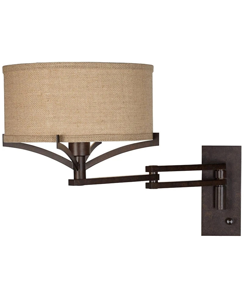 Franklin Iron Works Tremont Rustic Farmhouse Swing Arm Wall Lamp Bronze Plug-in Light Fixture Tan Burlap Drum Shade for Bedroom Bedside Living Room