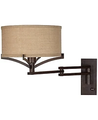 Franklin Iron Works Tremont Rustic Farmhouse Swing Arm Wall Lamp Bronze Plug-in Light Fixture Tan Burlap Drum Shade for Bedroom Bedside Living Room