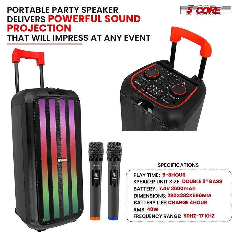 5 Core Bluetooth Speaker Karaoke Machine 8 Inch 2 Way Speaker Portable Pa System w Dj Light - Plb 8X2 2MIC