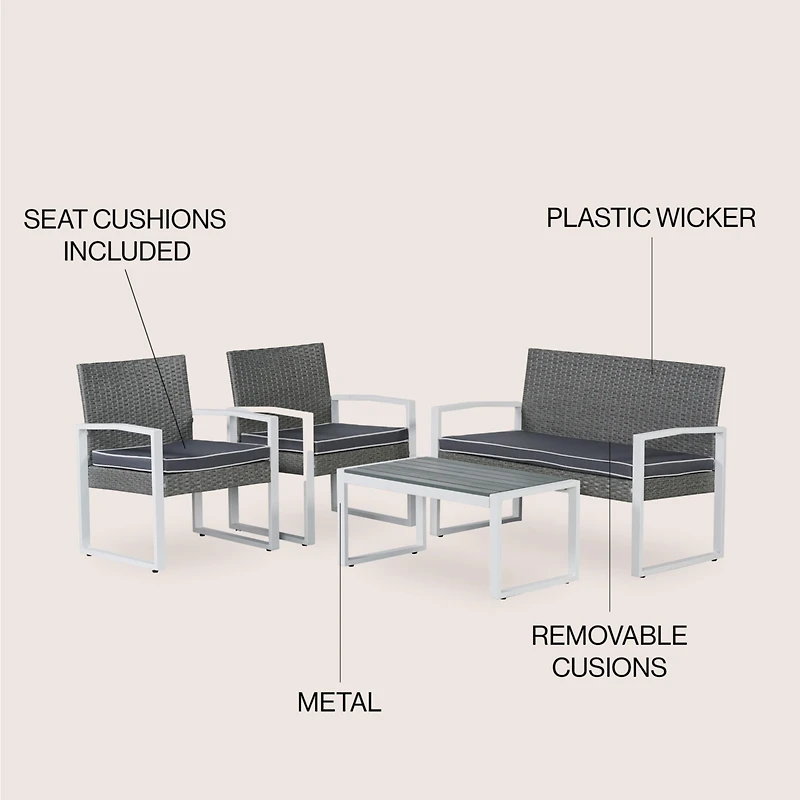 Wilder 4-Piece Modern Coastal Faux Wicker Conversation Outdoor Patio Set