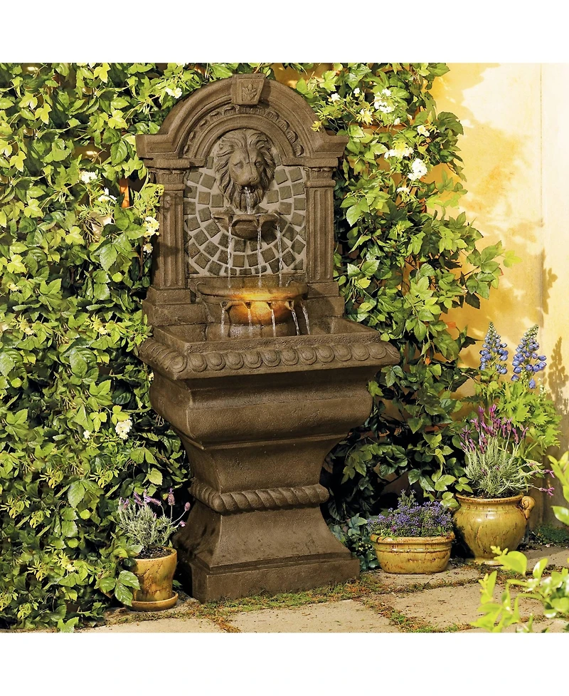Royal Lions Head 51" High Large Italian Outdoor Decor Faux Stone Floor Fountain with Light Outside Garden Patio