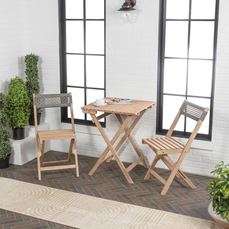 Jonathan Y Sitges Modern Mid-Century 3-Piece Roped Acacia Wood Outdoor Folding Bistro Set, Gray/Light Teak