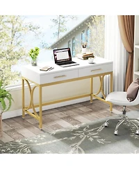 Tribesigns Computer Desk with Two Drawers, Modern Study Writing Desk with Storage, Makeup Vanity Table Office Desk with Gold Metal Frame for Home Offi