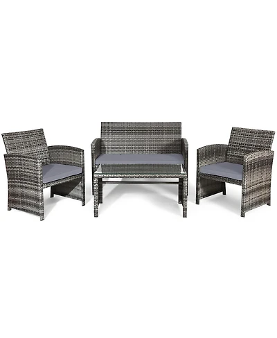 Slickblue 4 Pcs Patio Rattan Furniture Set Top Sofa With Glass Table