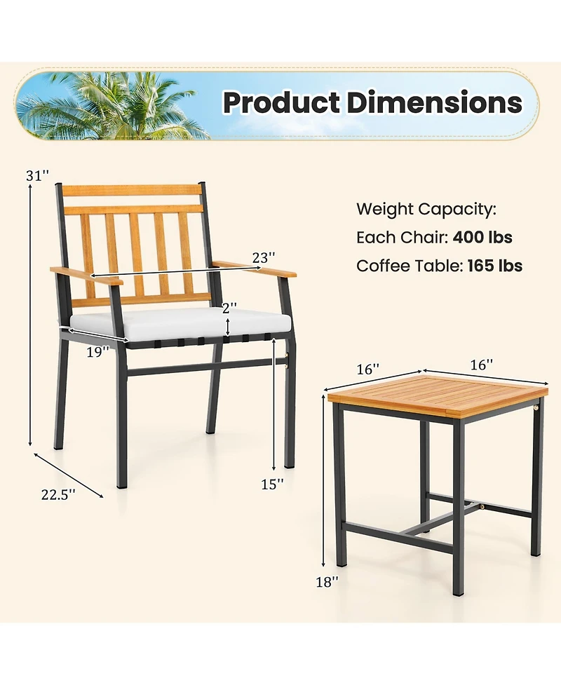 Slickblue 3 Pieces Outdoor Furniture Set Acacia Wood Patio Conversation Set with Cushions