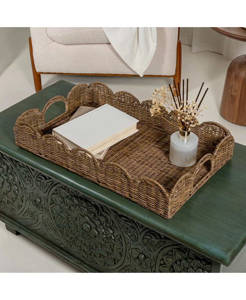 Jonathan Y Scalloped Southwestern Cottage Hand-Woven Rattan Tray with Handles